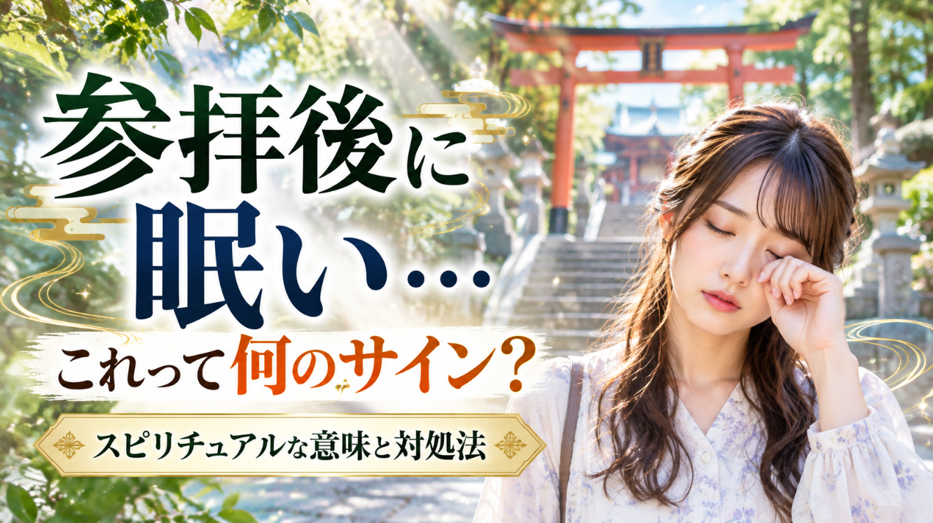 神社の鳥居を背景に目をこする若い女性と「参拝後に眠い」の文字