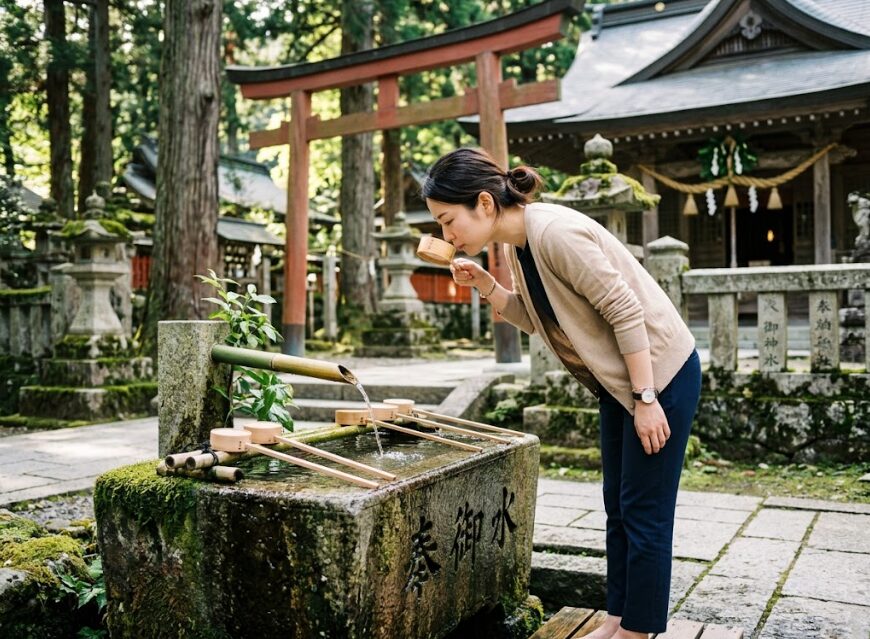 手水舎で口をすすぐ女性