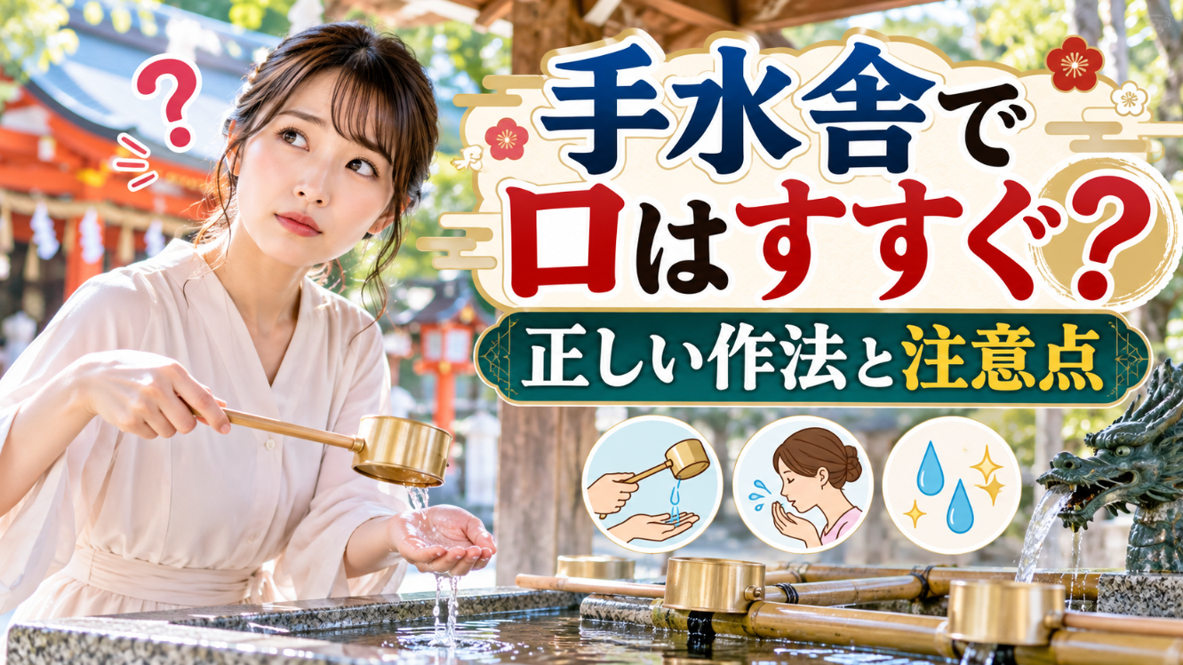 神社の手水舎で柄杓の水を左手に受ける女性と口すすぎの正しい作法を紹介するアイキャッチ画像