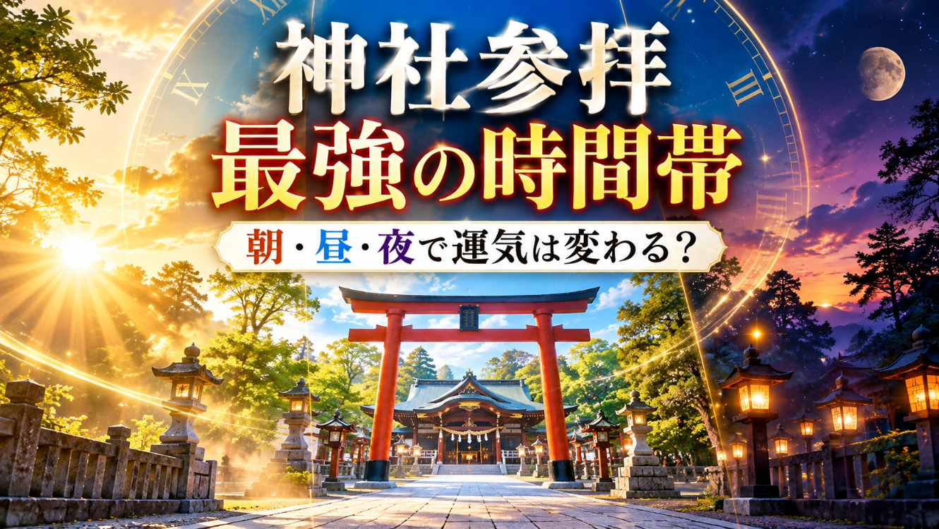 神社参拝に最適な時間帯を紹介する、朝・昼・夜の風景と鳥居を描いたイメージ画像