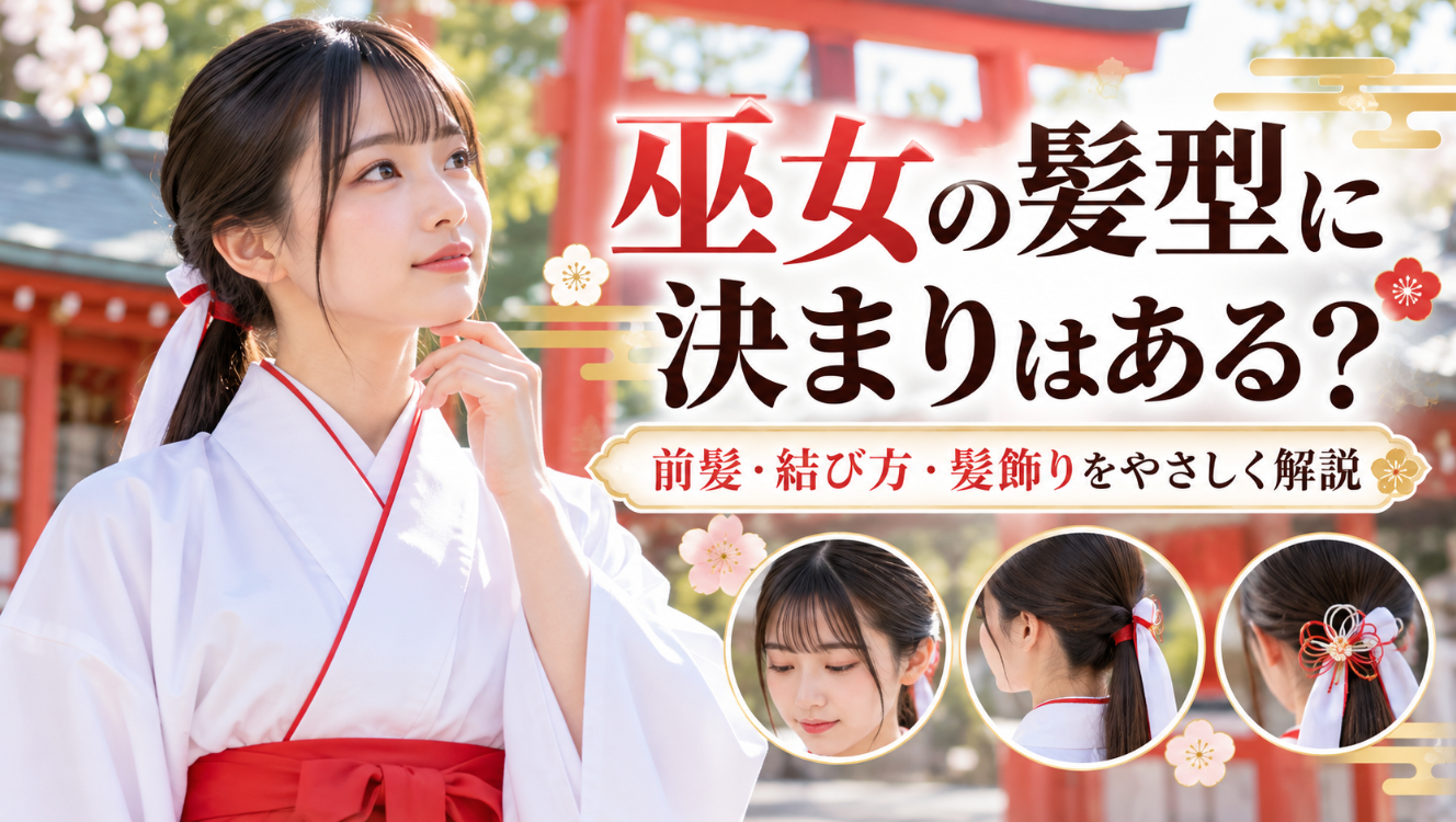 神社を背景にした巫女の髪型と、前髪・後ろ髪の結び方・髪飾りを紹介する画像