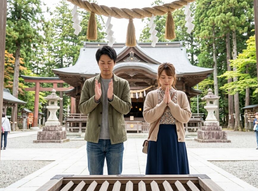 二礼二拍手一礼をしてお参りしている夫婦