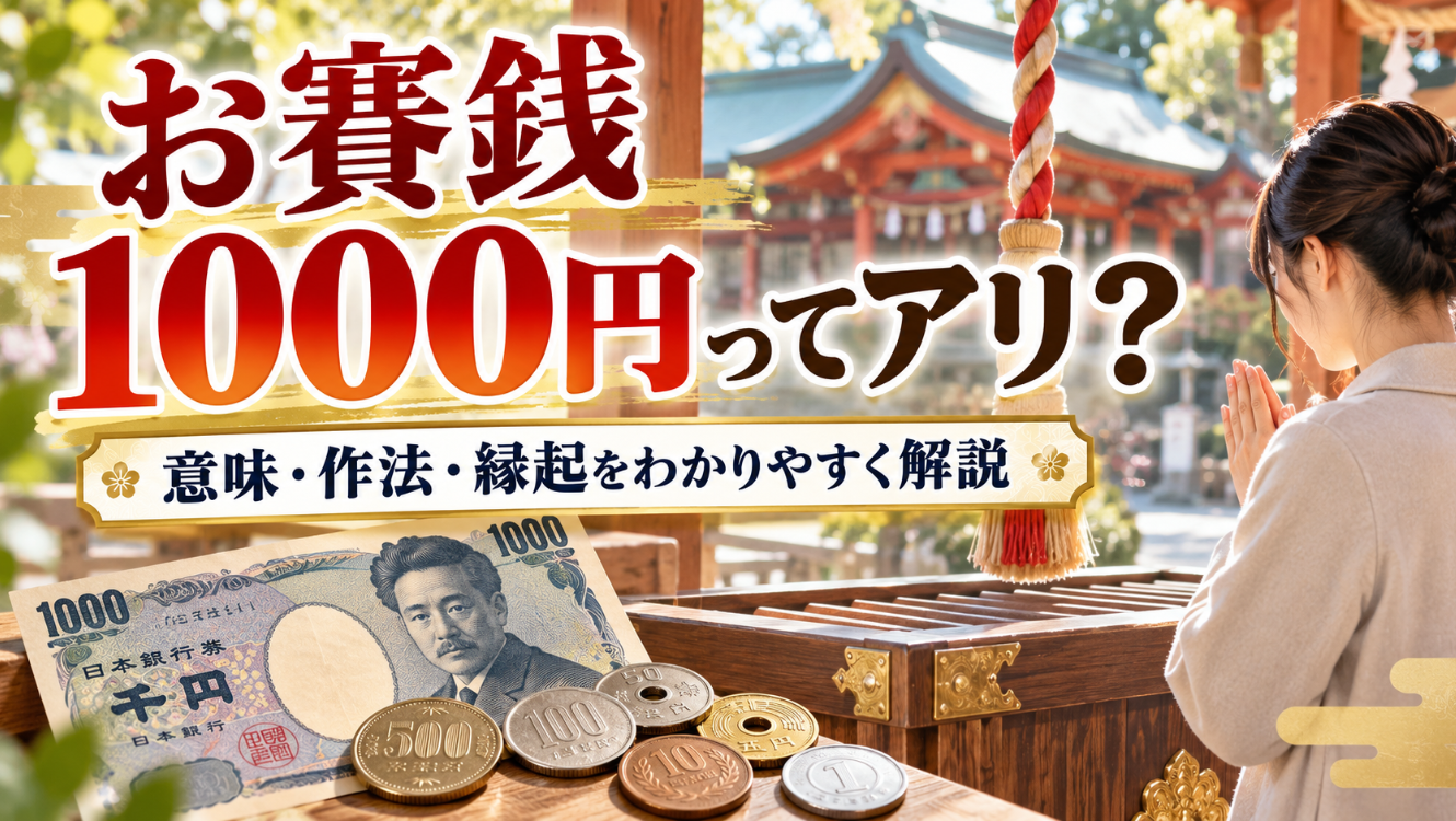 お賽銭1000円の意味や作法を解説する、神社の賽銭箱と千円札を描いたアイキャッチ画像