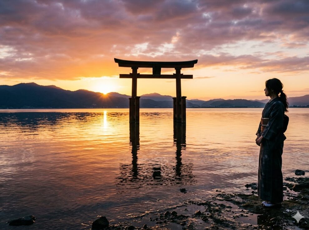 日の出の瞬間に開く宇宙的なゲートと道開きの光