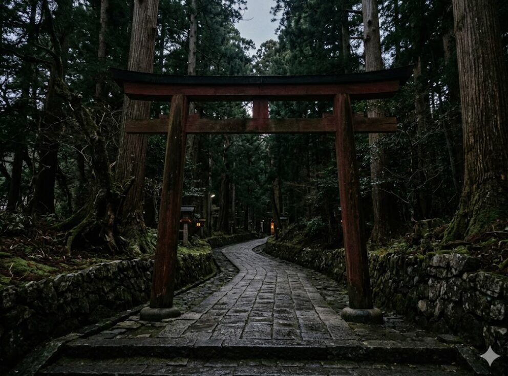 神様の視線を避ける斜めの参道が強いる心理的な緊張感