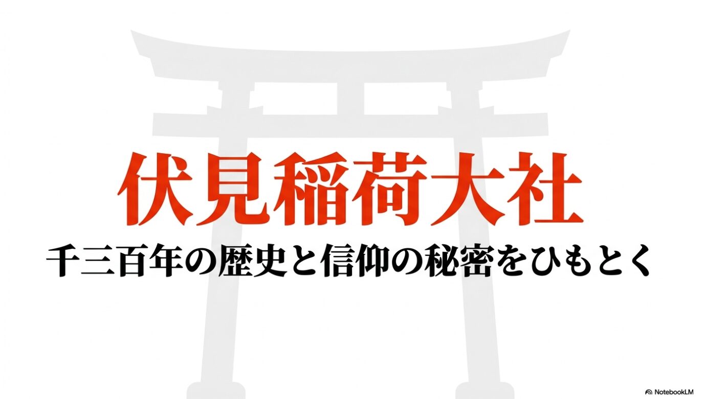 伏見稲荷大社「千三百年の歴史と信仰の秘密をひもとく」と書かれた導入スライド