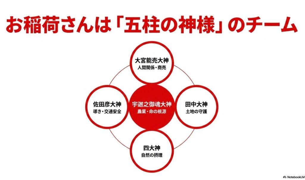 「お稲荷さんは『五柱の神様』のチーム」と書かれた相関図風のスライド。中央の宇迦之御魂大神（農業・命の根源）を囲むように、大宮能売大神（人間関係・商売）、田中大神（土地の守護）、四大神（自然の摂理）、佐田彦大神（導き・交通安全）が配置されています。