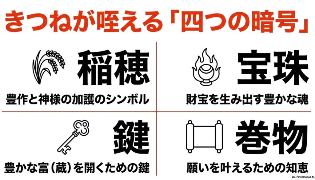 「きつねが咥える『四つの暗号』」のスライド。稲穂（豊作と神様の加護のシンボル）、鍵（豊かな富・蔵を開くための鍵）、宝珠（財宝を生み出す豊かな魂）、巻物（願いを叶えるための知恵）の4つのイラストと意味が並んでいます