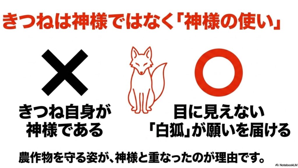 「きつねは神様ではなく『神様の使い』」と題されたスライド。きつね自身が神様であるという説に×印、目に見えない「白狐」が願いを届けるという説明に◯印がつき、農作物を守る姿が神様と重なったのが理由であると説明されています