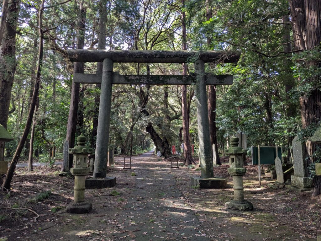 境内から見た石鳥居と参道、左右の石灯籠