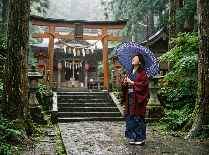 神社で雨が降りスピリチュアルを感じる人