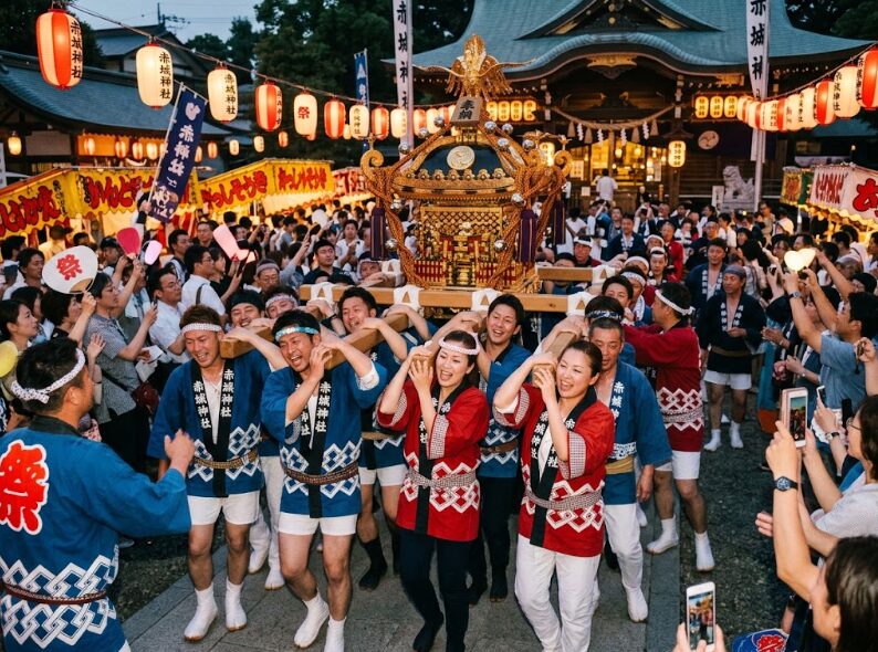 神社の祭りで神輿をかつぐ人々