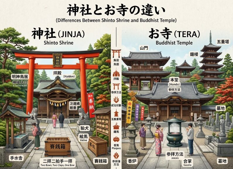 神社とお寺の違いをわかりやすく示した絵