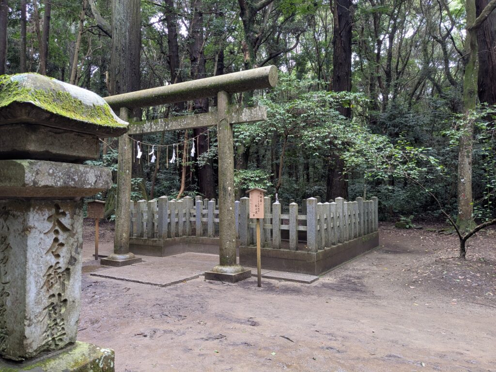 鹿島神宮の森にある石鳥居と石柵で囲まれた要石