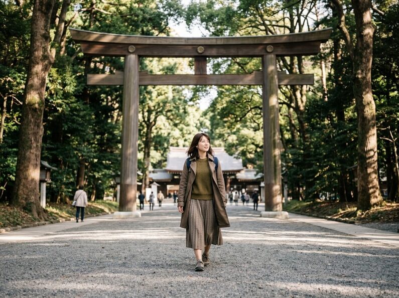関東の有名神社を歩く女性