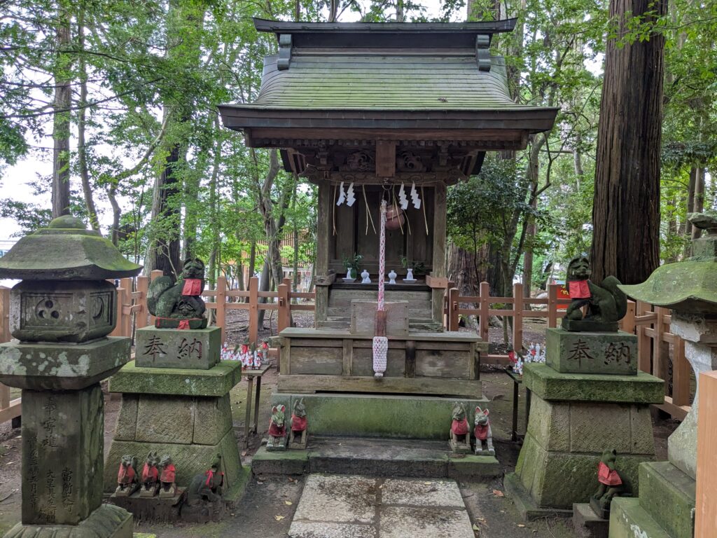 木造の境内社と赤い前掛けを付けた多数の狐像