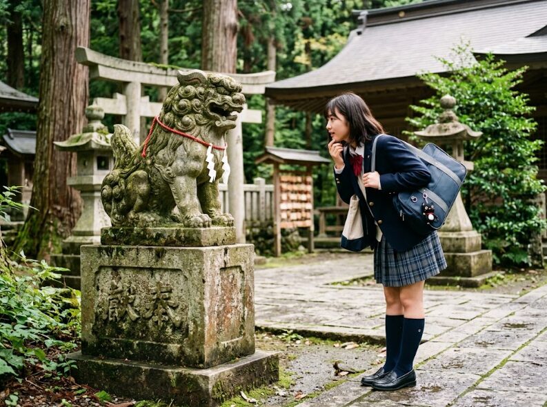 神社の狛犬を眺める女性