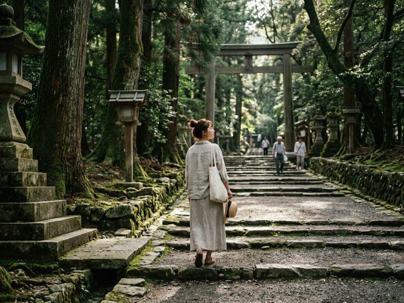 日本最古の神社を歩く女性