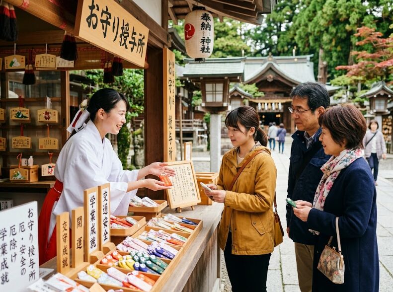 巫女さんがお守りの説明をしている