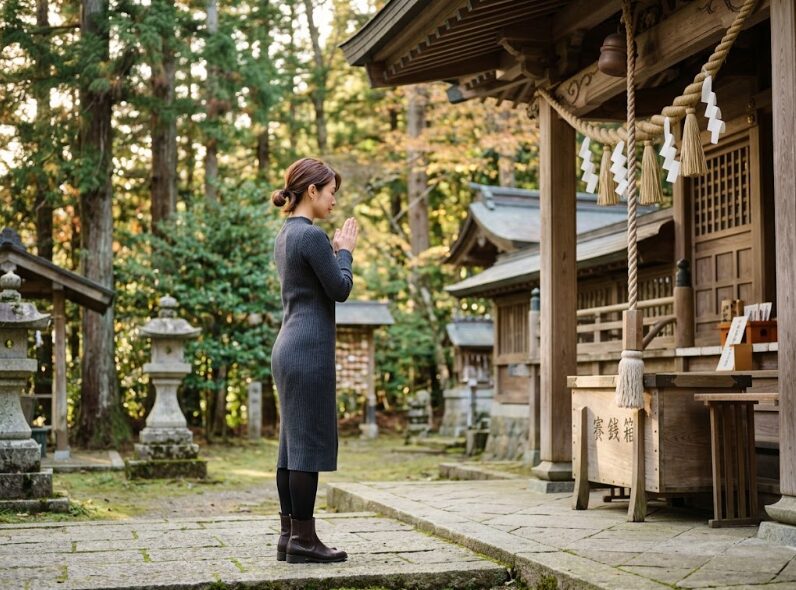 大阪の神社で手を合わす人