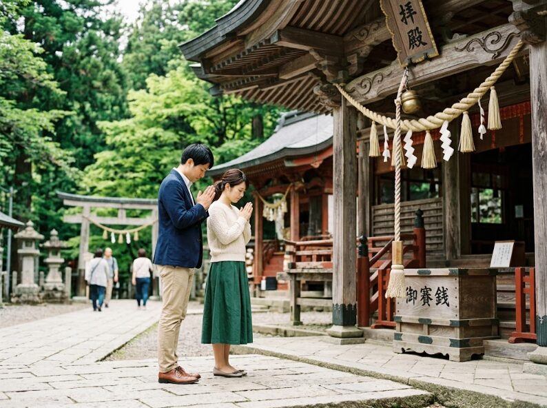 神社でお礼参りをしている夫婦