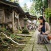 神社に白蛇がいて驚く女性
