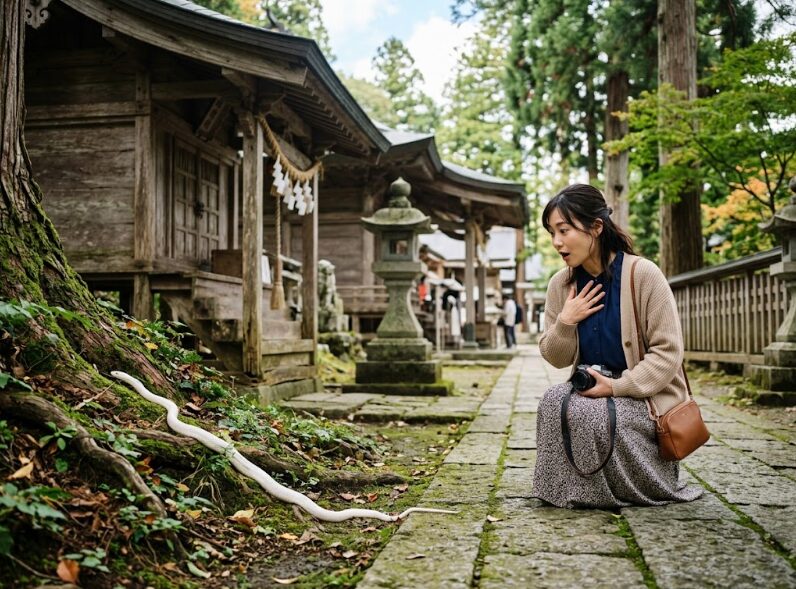 神社に白蛇がいて驚く女性