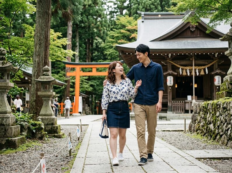 神社の境内を歩く男女