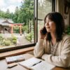 神社庁へ電話して氏神神社を調べてる女性