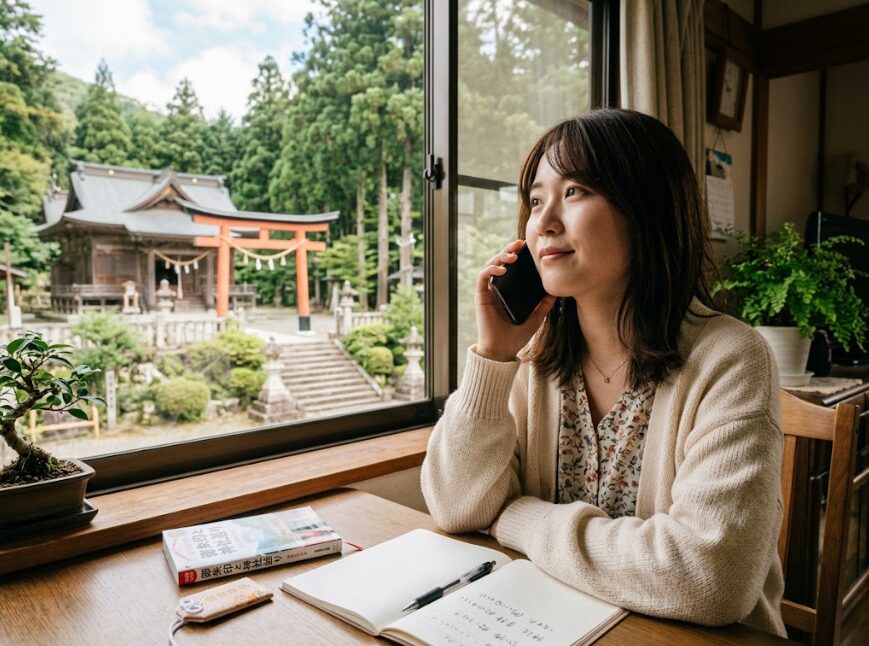 神社庁へ電話して氏神神社を調べてる女性