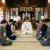 神社で厄払いをうける人々