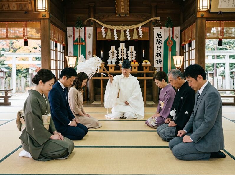 神社で厄払いをうける人々