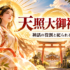 天照大御神をイメージした女神と、太陽の光に照らされた鳥居や神社のイラスト