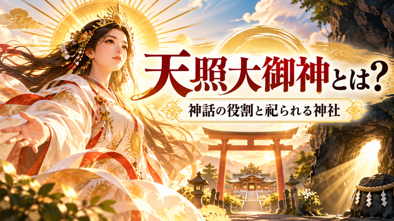 天照大御神をイメージした女神と、太陽の光に照らされた鳥居や神社のイラスト