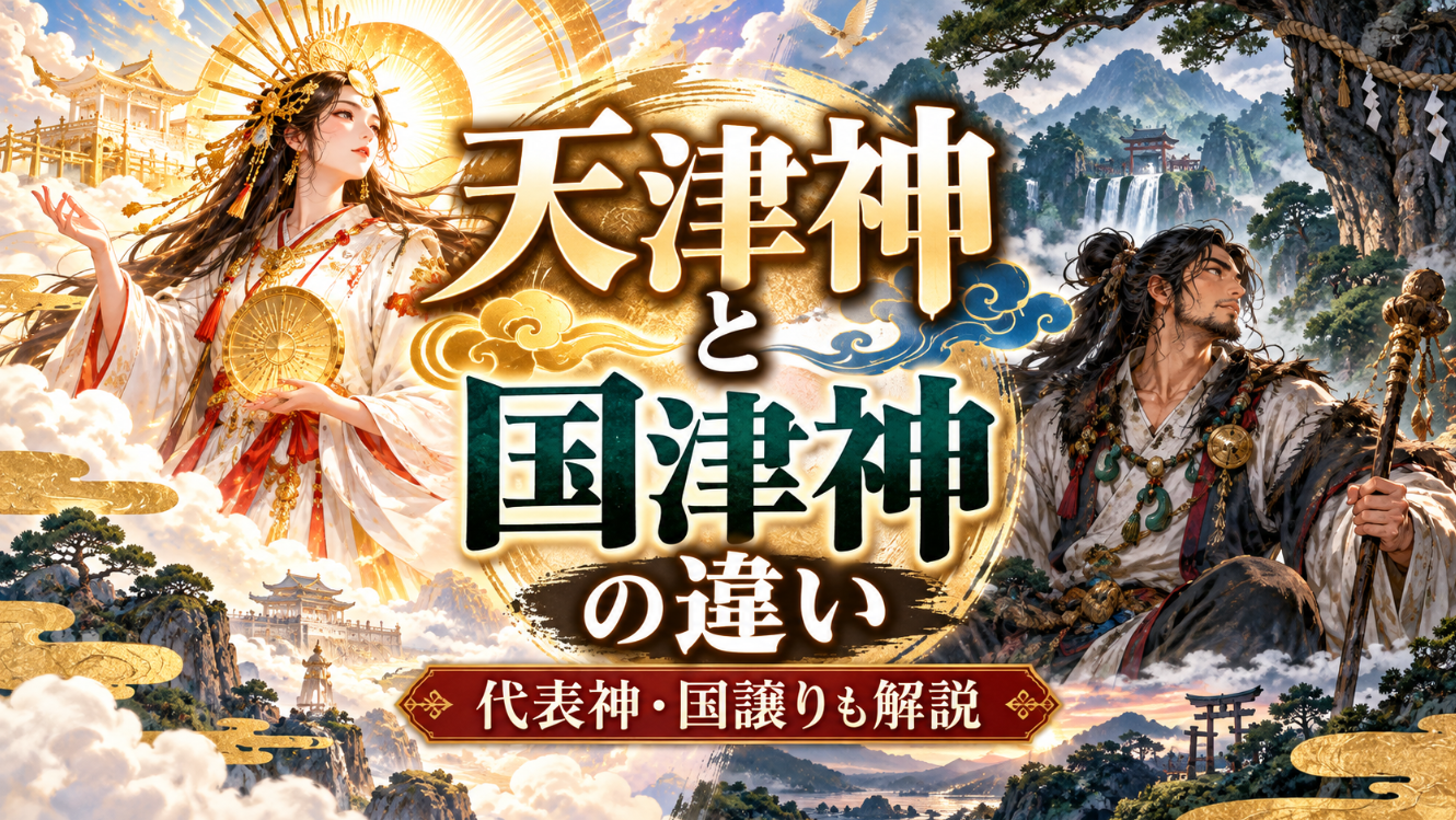 高天原の天津神と地上の国津神を対比したイラスト。天上の光と地上の山々を背景に神々が描かれている