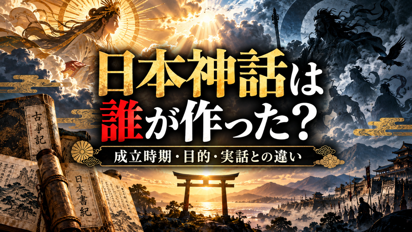 日本神話は誰が作ったのかをテーマに、古事記・日本書紀と神々を描いたアイキャッチ画像