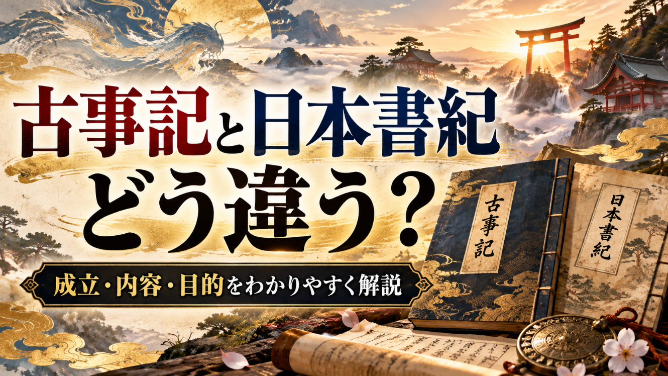 古事記と日本書紀の違いを解説する、2冊の古書と神社の風景を描いたアイキャッチ画像